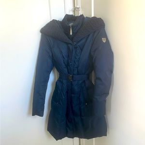 Vince Camino navy blue belted parka with hood size M Medium good condition